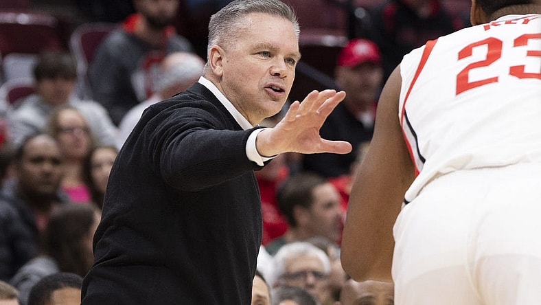 Nov 16, 2022; Columbus, Ohio, USA; Ohio State Buckeyes head coach Chris Holtmann gives direction t0o Ohio State Buckeyes forward Zed Key (23) in the first half of the game against the Eastern Illinois Panthers at Value City Arena. Mandatory Credit: Greg Bartram-USA TODAY Sports