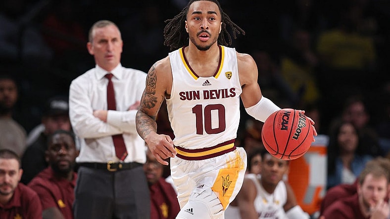 Nov 16, 2022; Brooklyn, New York, USA; Arizona State Sun Devils guard Frankie Collins (10) dribbles up court during the first half against the Virginia Commonwealth Rams at Barclays Center. Mandatory Credit: Vincent Carchietta-USA TODAY Sports