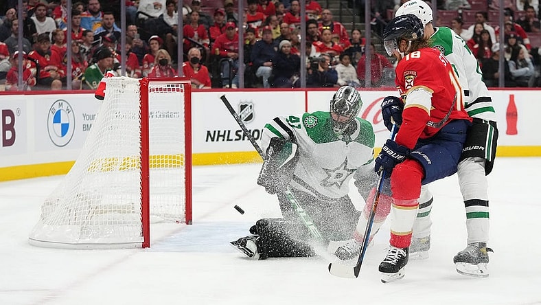 Nov 17, 2022; Sunrise, Florida, USA; Dallas Stars goaltender Scott Wedgewood (41) blocks the shot of Florida Panthers defenseman Marc Staal (18) during the second period at FLA Live Arena. Mandatory Credit: Jasen Vinlove-USA TODAY Sports
