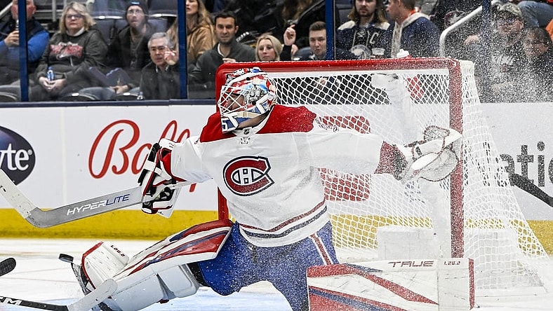 Nov 17, 2022; Columbus, Ohio, USA; Montreal Canadiens goaltender Sam Montembeault (35) is scored on in the third period abasing the Columbus Blue Jackets at Nationwide Arena. Mandatory Credit: Gaelen Morse-USA TODAY Sports