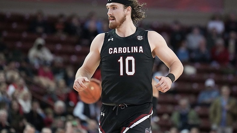 Nov 18, 2022; Charleston, South Carolina, USA; South Carolina Gamecocks forward Hayden Brown (10) runs up court in the second half against the Davidson Wildcats at TD Arena. Mandatory Credit: David Yeazell-USA TODAY Sports
