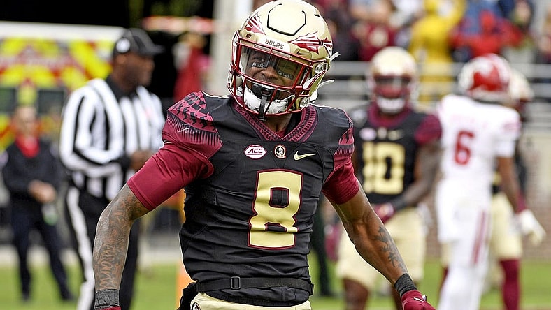 Nov 19, 2022; Tallahassee, Florida, USA; Florida State University wide receiver defensive back Renardo Green (8) reacts during the second half against the Louisiana Ragin' Cajuns at Doak S. Campbell Stadium. Mandatory Credit: Melina Myers-USA TODAY Sports