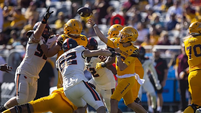 Nov 19, 2022; Tempe, Arizona, USA; Arizona State Sun Devils quarterback Trenton Bourguet (16) against the Oregon State Beavers during the first half at Sun Devil Stadium. Mandatory Credit: Mark J. Rebilas-USA TODAY Sports