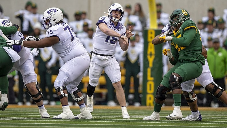 Nov 19, 2022; Waco, Texas, USA; TCU Horned Frogs quarterback Max Duggan (15) passes against the Baylor Bears during the second half at McLane Stadium. Mandatory Credit: Jerome Miron-USA TODAY Sports