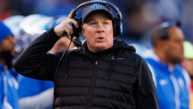 Nov 19, 2022; Lexington, Kentucky, USA; Kentucky Wildcats head coach Mark Stoops looks on during the first quarter against the Georgia Bulldogs at Kroger Field. Mandatory Credit: Jordan Prather-USA TODAY Sports