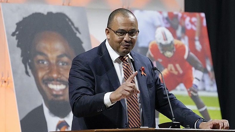 Nov 19, 2022; Charlottesville, Virginia, US; University of Virginia football coach Tony Elliott speaks during a memorial service for three slain University of Virginia football players Lavel Davis Jr., D Sean Perry and Devin Chandler at John Paul Jones Arena at the school in Charlottesville, Va., Saturday, Nov. 19, 2022. Mandatory Credit: Steve Helber/Pool Photo-USA TODAY Sports