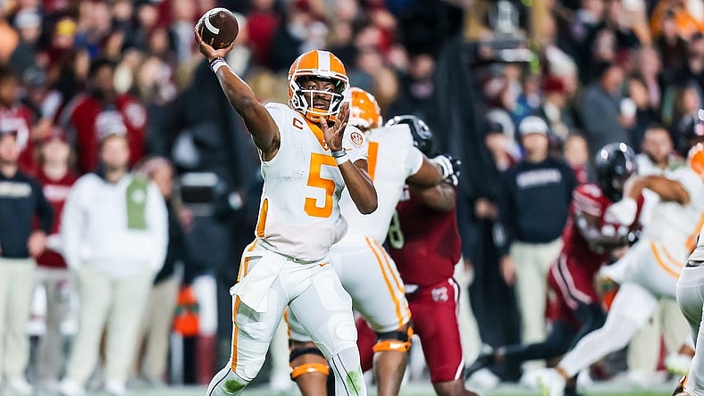 Nov 19, 2022; Columbia, South Carolina, USA; Tennessee Volunteers quarterback Hendon Hooker (5) passes against the South Carolina Gamecocks in the second quarter at Williams-Brice Stadium. Mandatory Credit: Jeff Blake-USA TODAY Sports