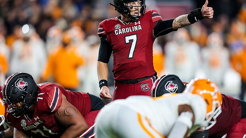 Nov 19, 2022; Columbia, South Carolina, USA; South Carolina Gamecocks quarterback Spencer Rattler (7) directs his offense against the Tennessee Volunteers in the second half at Williams-Brice Stadium. Mandatory Credit: Jeff Blake-USA TODAY Sports