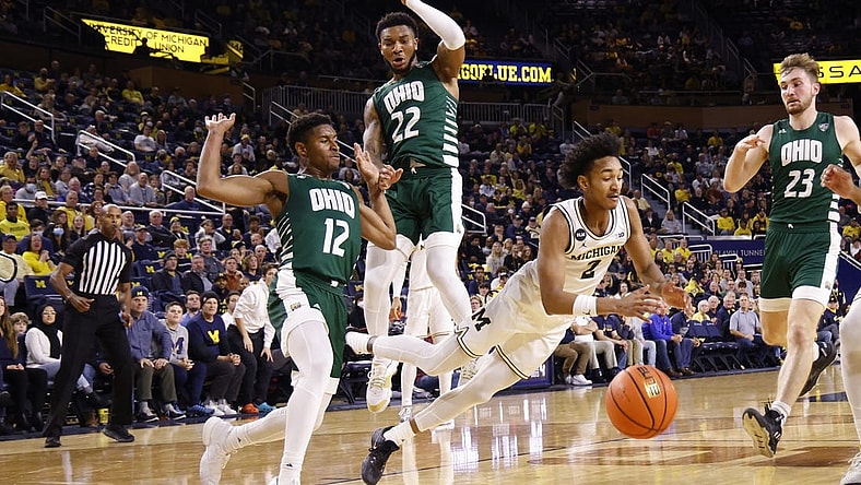 Nov 20, 2022; Ann Arbor, Michigan, USA;  Michigan Wolverines guard Kobe Bufkin (2) is fouled by Ohio Bobcats guard Jaylin Hunter (12) in the first half at Crisler Center. Mandatory Credit: Rick Osentoski-USA TODAY Sports