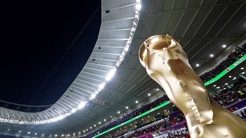 Nov 21, 2022; Al Rayyan, Qatar; A general view of a large replica World Cup trophy before a group stage match between Wales and the United States of America during the 2022 FIFA World Cup Wales at Ahmed Bin Ali Stadium. Mandatory Credit: Danielle Parhizkaran-USA TODAY Sports