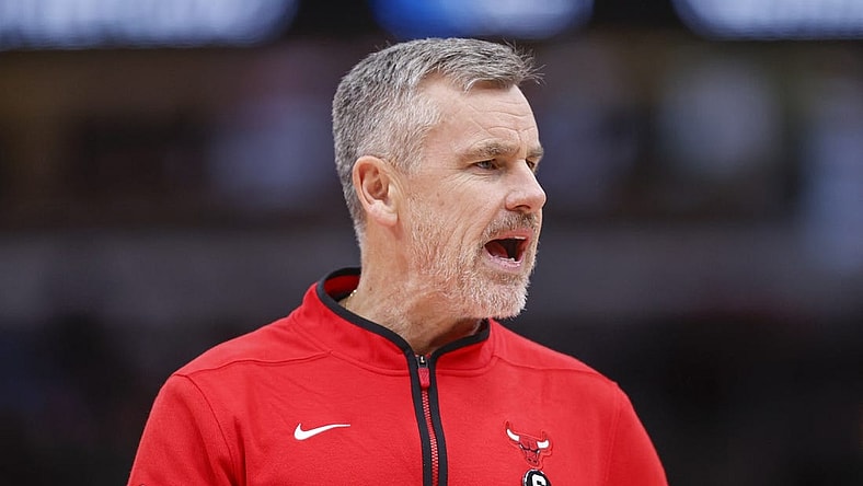 Nov 21, 2022; Chicago, Illinois, USA; Chicago Bulls head coach Billy Donovan reacts during the first half at United Center. Mandatory Credit: Kamil Krzaczynski-USA TODAY Sports