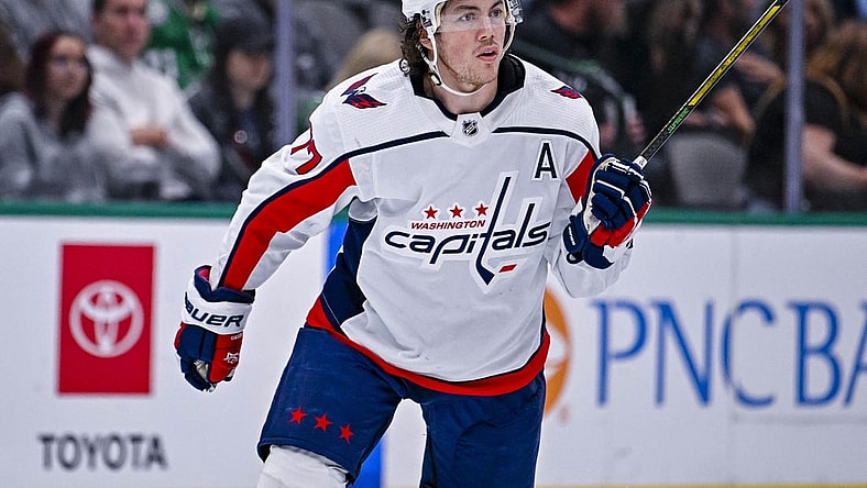 Oct 27, 2022; Dallas, Texas, USA; Washington Capitals right wing T.J. Oshie (77) in action during the game between the Dallas Stars and the Washington Capitals at the American Airlines Center. Mandatory Credit: Jerome Miron-USA TODAY Sports