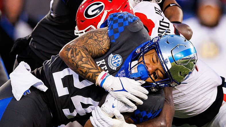 Nov 19, 2022; Lexington, Kentucky, USA; Kentucky Wildcats running back Chris Rodriguez Jr. (24) during the game at Kroger Field. Mandatory Credit: Jordan Prather-USA TODAY Sports