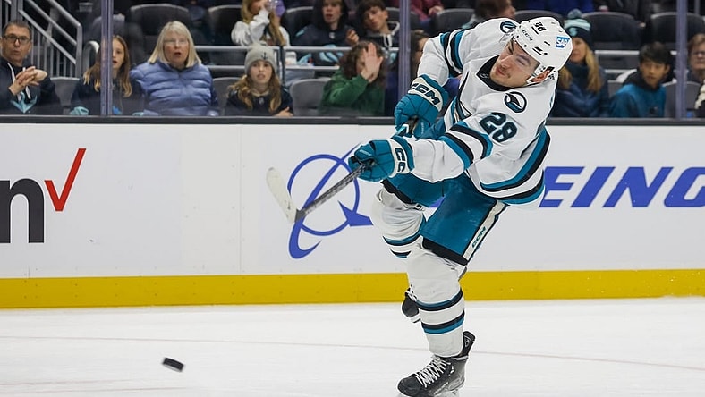 Nov 23, 2022; Seattle, Washington, USA; San Jose Sharks right wing Timo Meier (28) scores a goal against the Seattle Kraken during the second period at Climate Pledge Arena. Mandatory Credit: Joe Nicholson-USA TODAY Sports