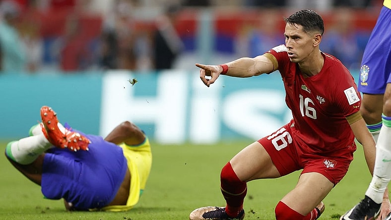 Nov 24, 2022; Lusail, Qatar; Serbia midfielder Sasa Lukic (16) reacts against Brazil during the first half in a group stage match during the 2022 World Cup at Lusail Stadium. Mandatory Credit: Yukihito Taguchi-USA TODAY Sports