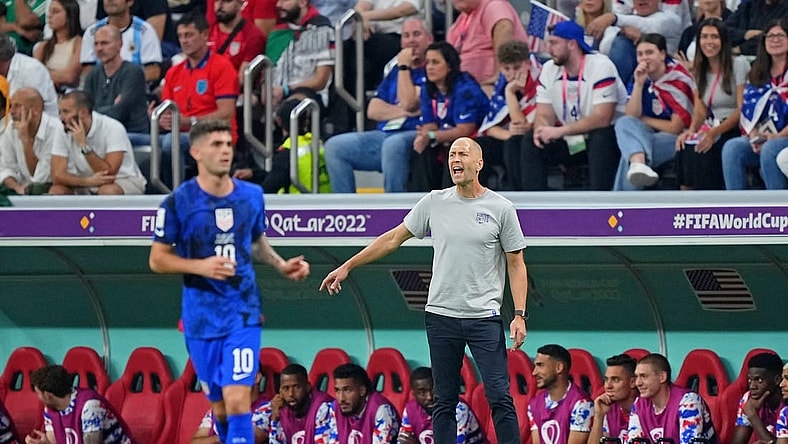 Nov 25, 2022; Al Khor, Qatar; United States of America manager Gregg Berhalter directs his team against England during the first half of a group stage match during the 2022 World Cup at Al Bayt Stadium. Mandatory Credit: Danielle Parhizkaran-USA TODAY Sports
