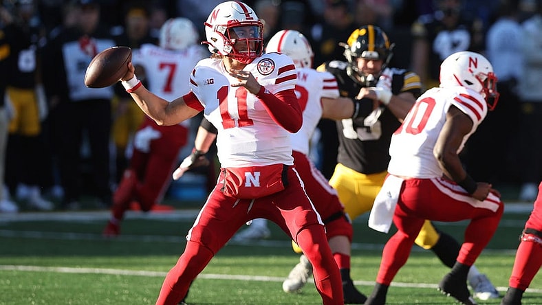 Nov 25, 2022; Iowa City, Iowa, USA; Nebraska Cornhuskers quarterback Casey Thompson throws a pass against the Iowa Hawkeyes at Kinnick Stadium. Mandatory Credit: Reese Strickland-USA TODAY Sports