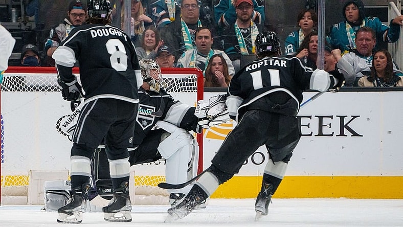 Nov 25, 2022; San Jose, California, USA; Los Angeles Kings goaltender Jonathan Quick (32) makes a save during the third period against the San Jose Sharks at SAP Center at San Jose. Mandatory Credit: Neville E. Guard-USA TODAY Sports