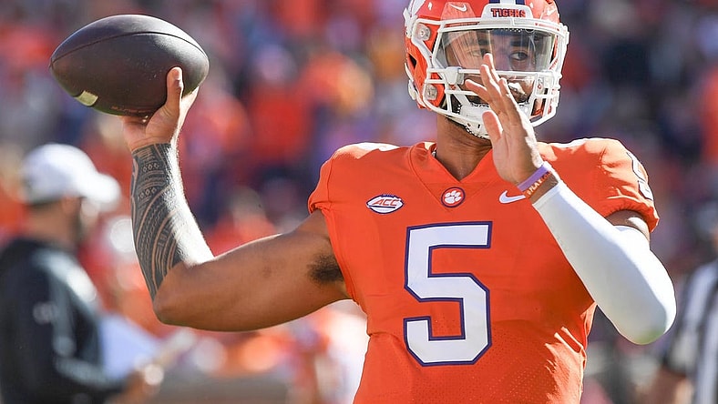 Nov 26, 2022; Clemson, SC, USA; Clemson quarterback D.J. Uiagalelei (5) warms up before the game with South Carolina at Memorial Stadium in Clemson, S.C. Saturday, Nov. 26, 2022.    Mandatory Credit: Ken Ruinard-USA TODAY Sports