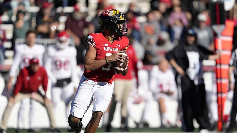 Nov 26, 2022; Maryland Terrapins quarterback Taulia Tagovailoa (3) throws a pass in the first quarter against the Rutgers Scarlet Knights in the first quarter at College Park, Maryland, USA; at SECU Stadium. Mandatory Credit: Brent Skeen-USA TODAY Sports