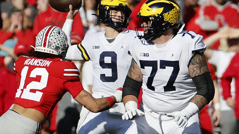 Nov 26, 2022; Columbus, Ohio, USA; Michigan Wolverines quarterback J.J. McCarthy (9) passes in the first half against the Ohio State Buckeyes at Ohio Stadium. Mandatory Credit: Rick Osentoski-USA TODAY Sports