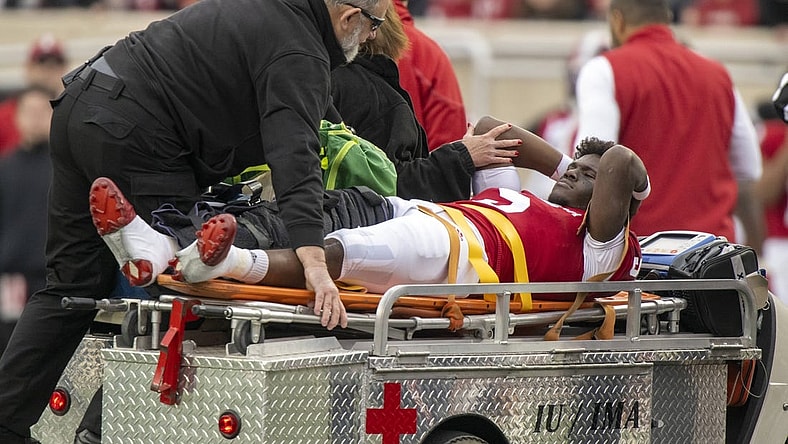 Nov 26, 2022; Bloomington, Indiana, USA;  Indiana Hoosiers quarterback Dexter Williams II (5) is carted off of the field with an injury during the first quarter against the Purdue Boilermakers at Memorial Stadium. Mandatory Credit: Marc Lebryk-USA TODAY Sports