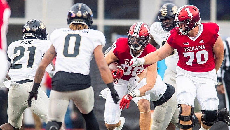 Indiana's AJ Barner (88) runs after the catch during the first half of the Indiana versus Purdue football game at Memorial Stadium on Saturday, Nov. 26, 2022.

Iu Pu 1h Barner 1
