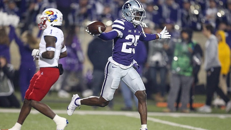 Nov 26, 2022; Manhattan, Kansas, USA; Kansas State Wildcats cornerback Ekow Boye-Doe (25) celebrates a fumble recovery during the first quarter against the Kansas Jayhawks at Bill Snyder Family Football Stadium. Mandatory Credit: Scott Sewell-USA TODAY Sports