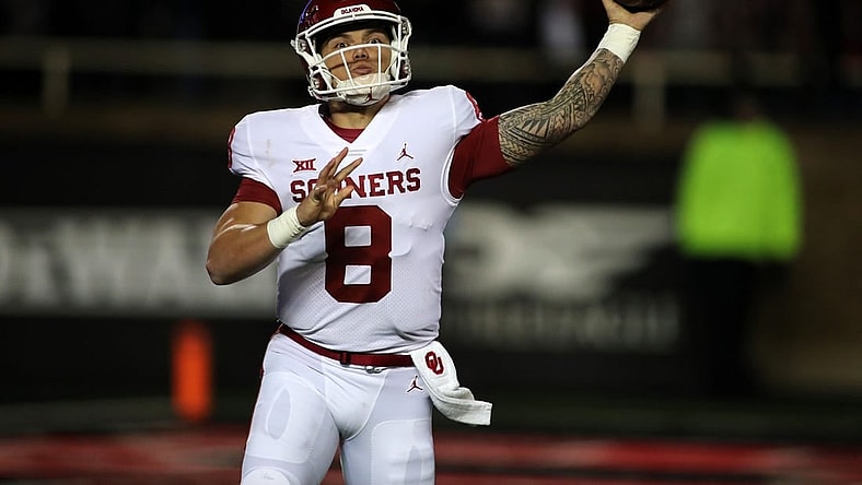 Nov 26, 2022; Lubbock, Texas, USA;  Oklahoma Sooners quarterback Dillon Gabriel (10) throws a pass against the Texas Tech Red Raiders in the first half at Jones AT&T Stadium and Cody Campbell Field. Mandatory Credit: Michael C. Johnson-USA TODAY Sports