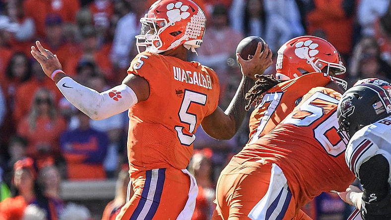 Nov 26, 2022; Clemson, SC, USA;  Clemson quarterback D.J. Uiagalelei (5) passes against South Carolina during the second quarter at Memorial Stadium in Clemson, South Carolina on Saturday, Nov. 26, 2022.    Mandatory Credit: Ken Ruinard-USA TODAY Sports