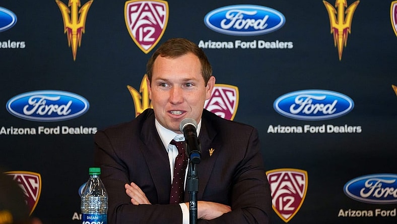 Kenny Dillingham speaks at his introductory press conference as ASU's 26th head football coach on Nov 27, 2022 in Sun Devil Stadium in Tempe, AZ.

Football Coach