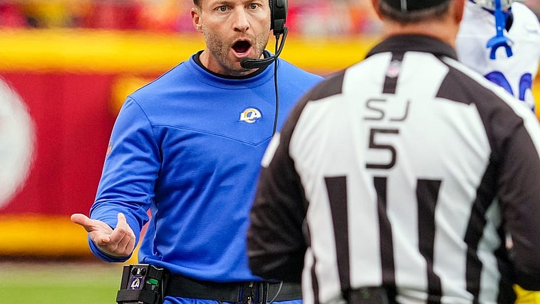 Nov 27, 2022; Kansas City, Missouri, USA; Los Angeles Rams head coach Sean McVay reacts to a replay review during the first half against the Kansas City Chiefs at GEHA Field at Arrowhead Stadium. Mandatory Credit: Jay Biggerstaff-USA TODAY Sports