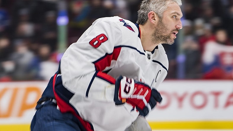 Nov 29, 2022; Vancouver, British Columbia, CAN; Washington Capitals forward Alex Ovechkin (8) skates during warm up prior to a game against the Vancouver Canucks at Rogers Arena. Mandatory Credit: Bob Frid-USA TODAY Sports