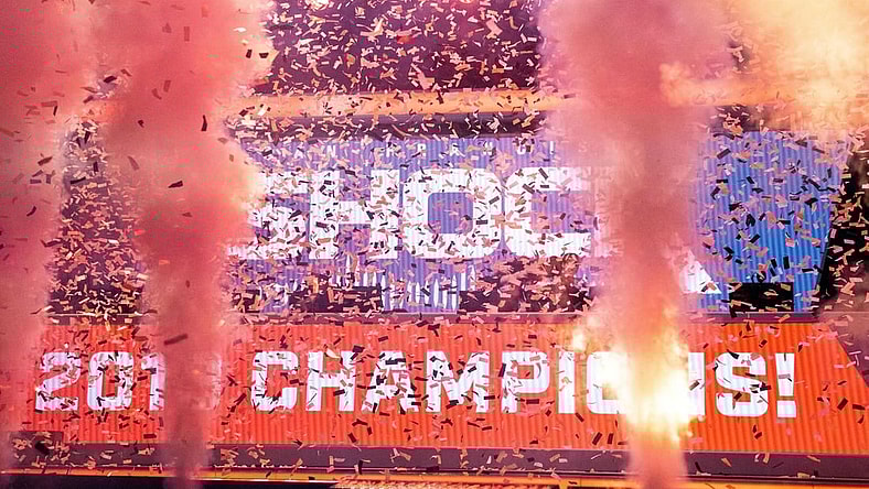 Sep 29, 2019; Philadelphia, PA, USA; The San Francisco Shock celebrate their victory in the 2019 Overwatch League Grand Finals e-sports championship against the Vancouver Titans at Wells Fargo Center. Mandatory Credit: Bill Streicher-USA TODAY Sports