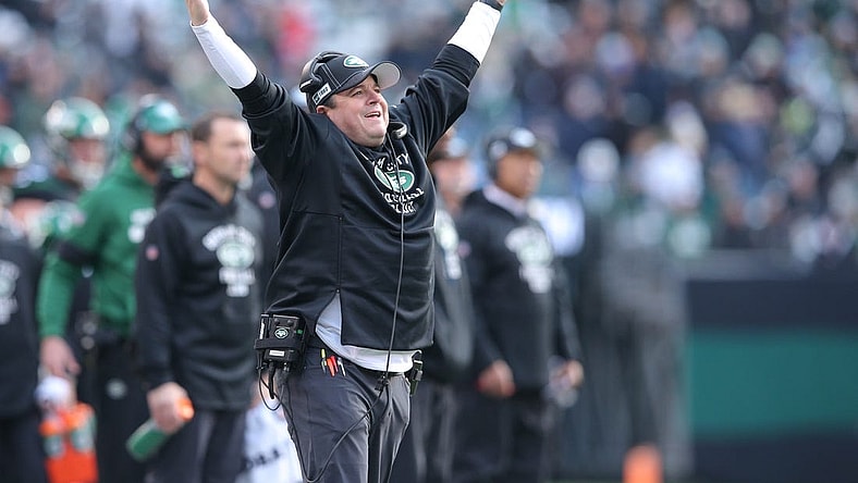 Dec 8, 2019; East Rutherford, NJ, USA; New York Jets offensive coordinator Dowell Loggains reacts during the second quarter against the Miami Dolphins at MetLife Stadium. Mandatory Credit: Brad Penner-USA TODAY Sports