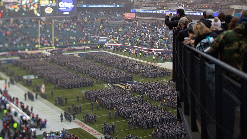 Dec 14, 2019; Philadelphia, PA, USA; (editors note; tilt shift lens used to create effect) General view as Army Cadets march onto the field before a game between the Army Black Knights and the Navy Midshipmen at Lincoln Financial Field. Mandatory Credit: Bill Streicher-USA TODAY Sports