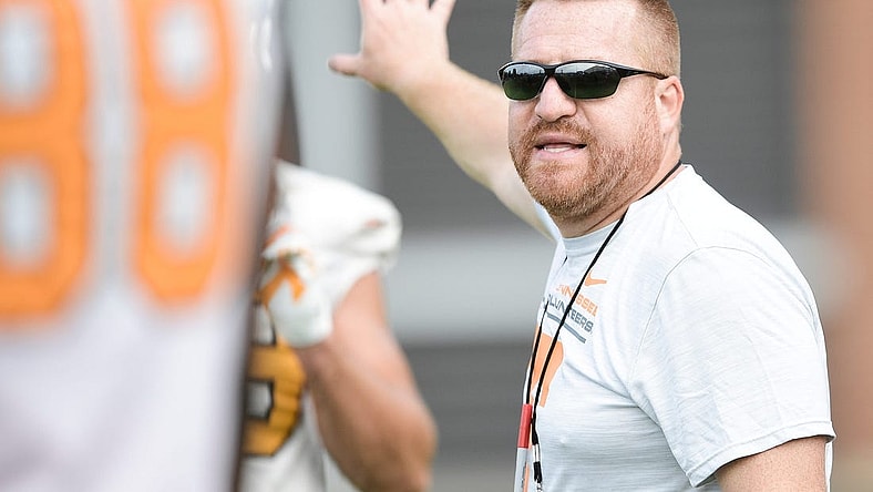 Tennessee Offensive Coordinator Alex Golesh calls during fall practice at Haslam Field in Knoxville, Tenn. on Thursday, Aug. 5, 2021.

Kns Tennessee Fall Practice
