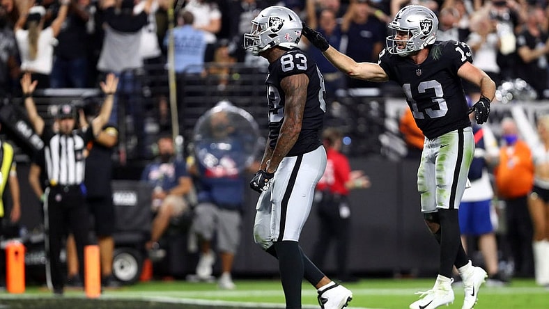 Sep 13, 2021; Paradise, Nevada, USA; Las Vegas Raiders tight end Darren Waller (83) celebrates with wide receiver Hunter Renfrow (13) his touchdown scored against the Baltimore Ravens during the second half at Allegiant Stadium. Mandatory Credit: Mark J. Rebilas-USA TODAY Sports