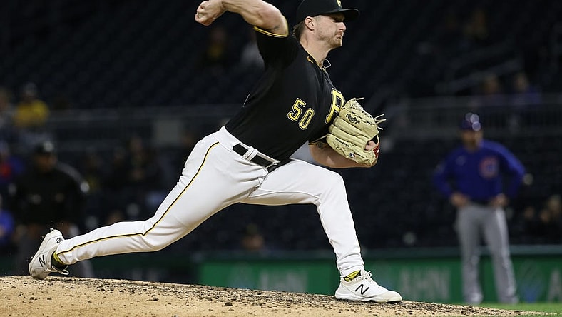 Sep 30, 2021; Pittsburgh, Pennsylvania, USA; Pittsburgh Pirates relief pitcher Shelby Miller (50) pitches against the Chicago Cubs during the ninth inning at PNC Park. The Cubs shutout the Pirates 9-0. Mandatory Credit: Charles LeClaire-USA TODAY Sports