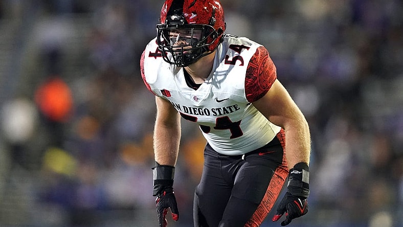 Oct 15, 2021; San Jose, California, USA; San Diego State Aztecs linebacker Caden McDonald (54) lines up during the third quarter against the San Jose State Spartans at CEFCU Stadium. Mandatory Credit: Darren Yamashita-USA TODAY Sports