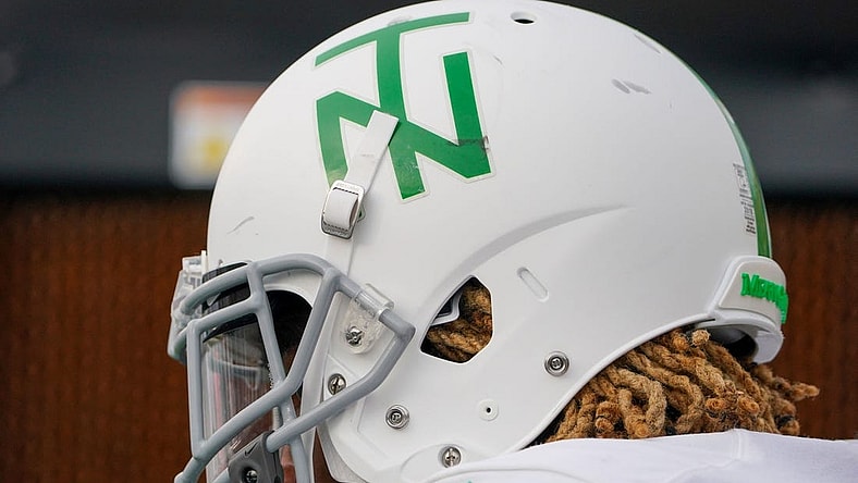 Oct 9, 2021; Columbia, Missouri, USA; A general view of a North Texas Mean Green helmet against the Missouri Tigers during the game at Faurot Field at Memorial Stadium. Mandatory Credit: Denny Medley-USA TODAY Sports