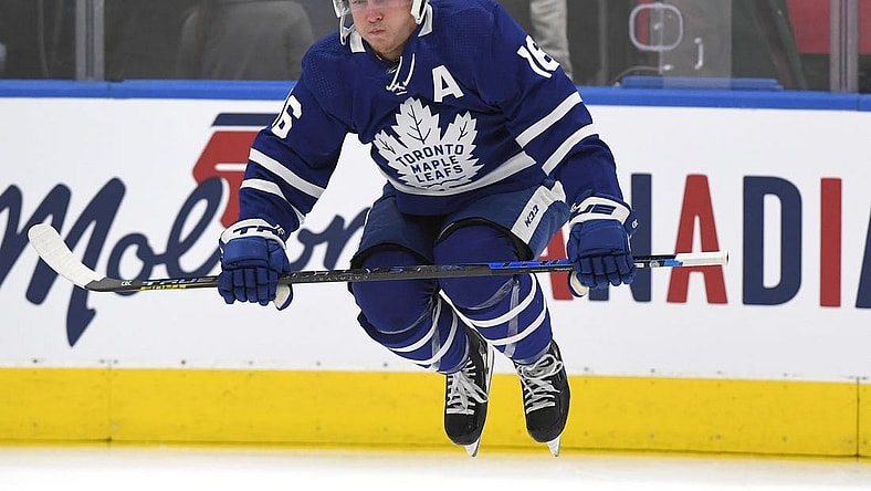 Nov 8, 2021; Toronto, Ontario, CAN;   Toronto Maple Leafs forward Mitch Marner (16) warms up before playing Los Angeles Kings at Scotiabank Arena. Mandatory Credit: Dan Hamilton-USA TODAY Sports
