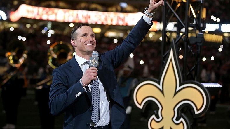 Nov 25, 2021; New Orleans, Louisiana, USA; Former New Orleans Saints quarterback Drew Brees is honored at halftime of the game between the New Orleans Saints and the Buffalo Bills at the Caesars Superdome. Mandatory Credit: Chuck Cook-USA TODAY Sports