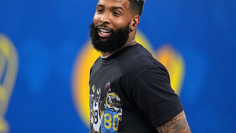 Dec 21, 2021; Inglewood, California, USA; Los Angeles Rams wide receiver Odell Beckham Jr. (3) looks on before the game against the Seattle Seahawks at SoFi Stadium. Mandatory Credit: Kirby Lee-USA TODAY Sports
