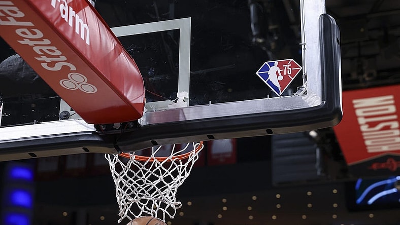 Mar 11, 2022; Houston, Texas, USA; General view of the NBA 75th anniversary logo on a backboard before the game between the Houston Rockets and the Dallas Mavericks at Toyota Center. Mandatory Credit: Troy Taormina-USA TODAY Sports