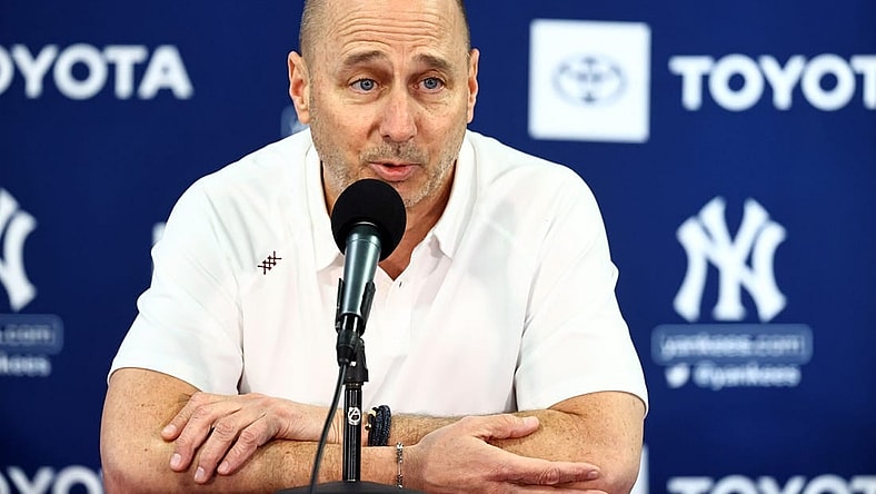 Mar 14, 2022; Tampa, FL, USA; New York Yankees general manager Brian Cashman talks with media during spring training workouts at George M. Steinbrenner Field. Mandatory Credit: Kim Klement-USA TODAY Sports