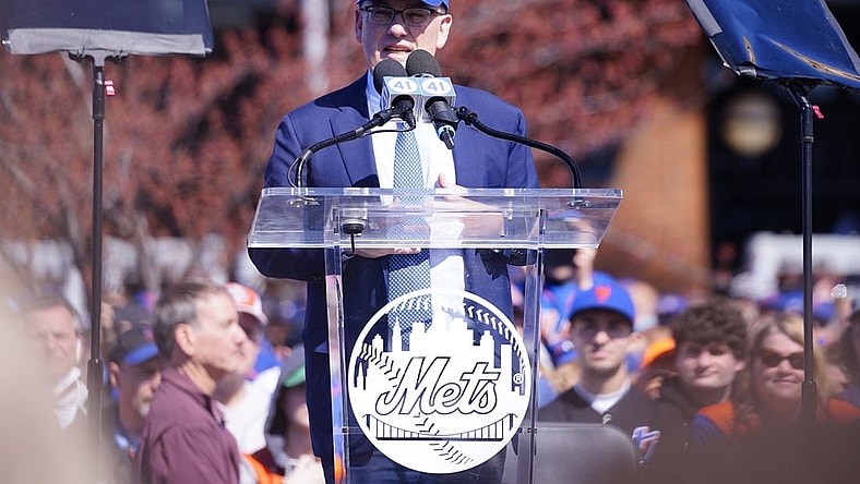 Apr 15, 2022; New York City, New York, USA; New York Mets owner Steve Cohen speaks during the Tom Seaver Statue unveiling ceremony prior to the game against the Arizona Diamondbacks at Citi Field. Mandatory Credit: Gregory Fisher-USA TODAY Sports