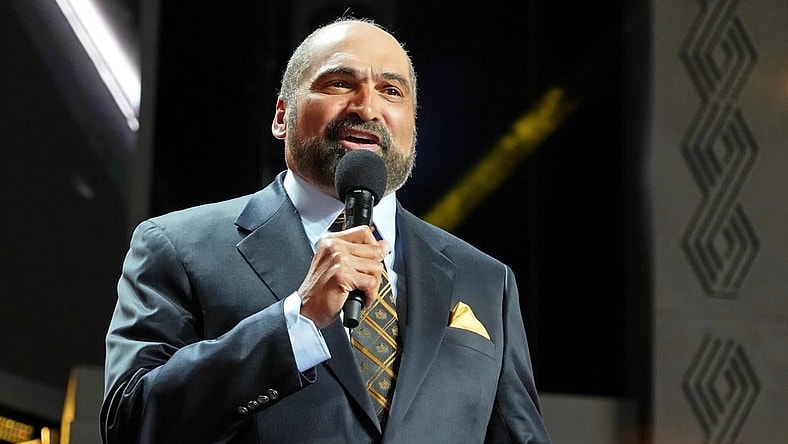 Apr 28, 2022; Las Vegas, NV, USA; Hall of Famer Franco Harris speaks during the first round of the 2022 NFL Draft at the NFL Draft Theater. Mandatory Credit: Kirby Lee-USA TODAY Sports