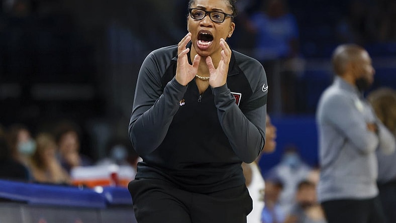 Jun 17, 2022; Chicago, Illinois, USA; Atlanta Dream head coach Tanisha Wright yells to the team during the first half of a WNBA game against the Chicago Sky at Wintrust Arena. Mandatory Credit: Kamil Krzaczynski-USA TODAY Sports