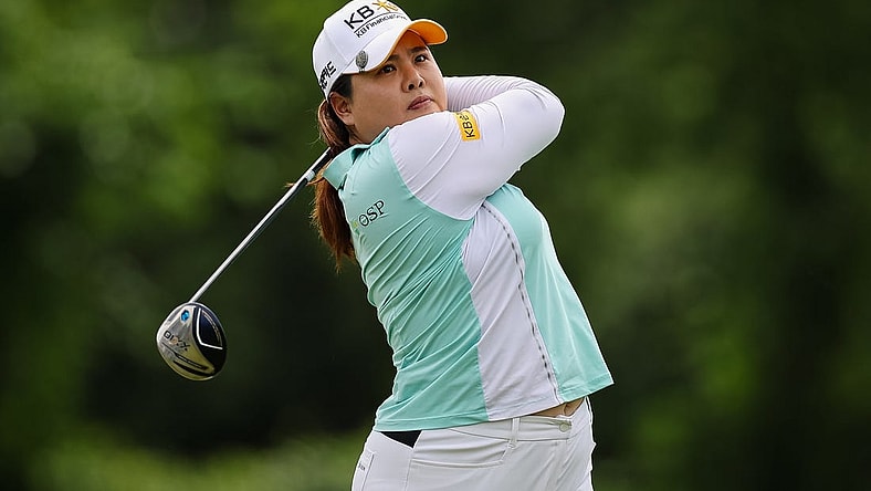 Jun 24, 2022; Bethesda, Maryland, USA; Inbee Park plays her shot from the 18th tee during the second round of the KPMG Women's PGA Championship golf tournament at Congressional Country Club. Mandatory Credit: Scott Taetsch-USA TODAY Sports
